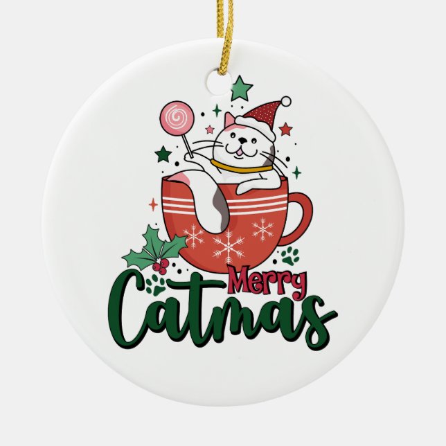 Xmas Gift Merry Cute Catmas Ceramic Tree Decoration (Front)