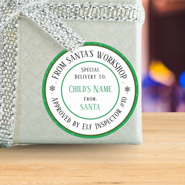 Xmas Gift Santa's Workshop Personalised Name Green Classic Round Sticker (Creator Uploaded)