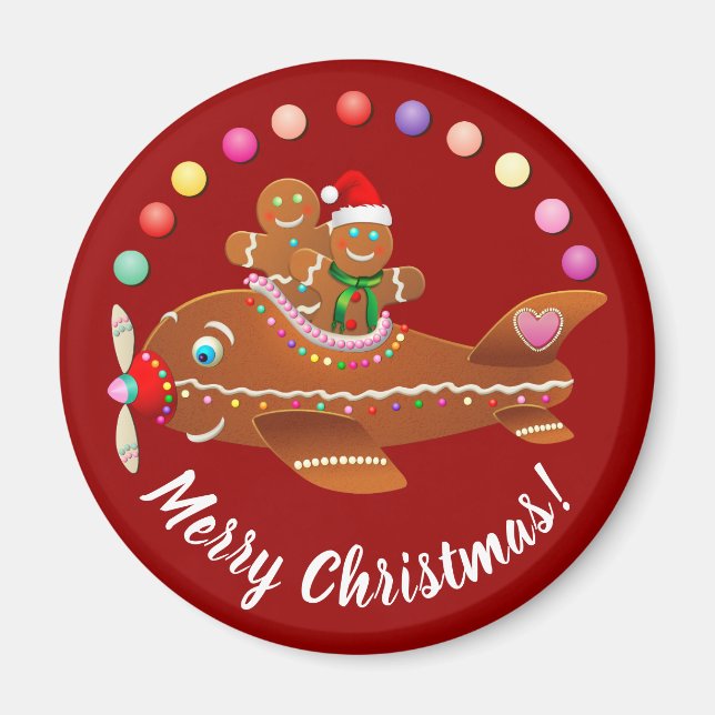 Xmas Gingerbread Aeroplane Cartoon Magnet (Front)