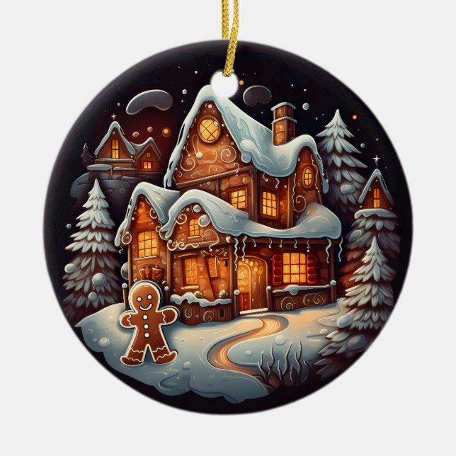 Xmas Gingerbread man house Ceramic Tree Decoration (Front)