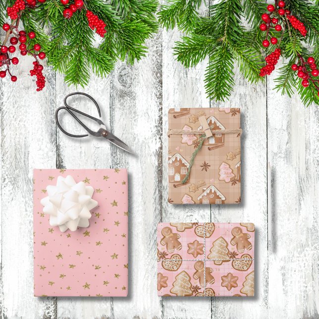 Xmas Gingerbread Men House Trees Stars Hearts Pink Wrapping Paper Sheet (Creator Uploaded)