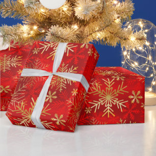 Xmas Gold Red Crimson Winter Snowflakes Wrapping Paper