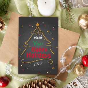 XMAS GOLD tree with decor on Black Christmas Card