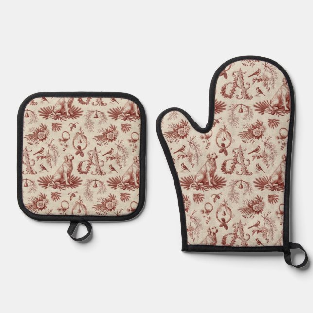 Xmas Golden Retriever Letter A Oven Mitt Set (Front)