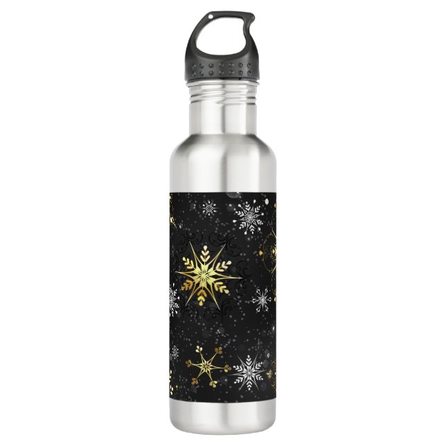Xmas Golden Snowflakes on Black Background 710 Ml Water Bottle (Front)