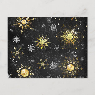 Xmas Golden Snowflakes on Black Background Announcement Postcard