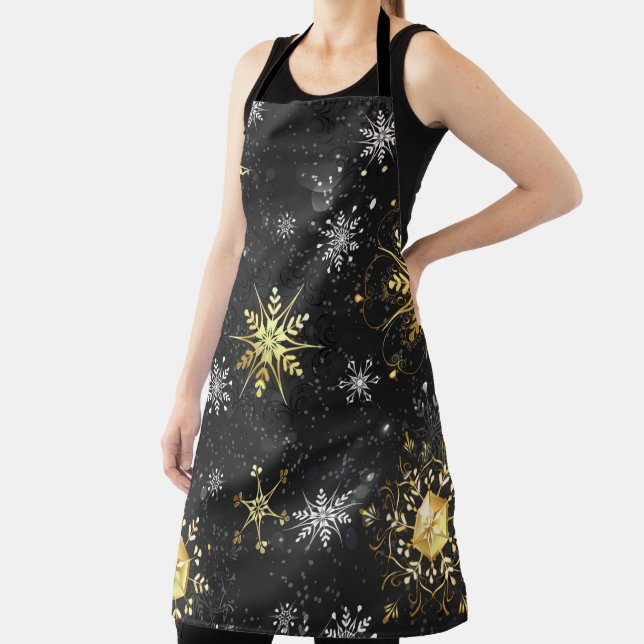 Xmas Golden Snowflakes on Black Background Apron (Insitu)
