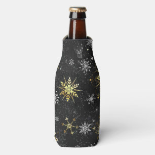 Xmas Golden Snowflakes on Black Background Bottle Cooler
