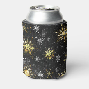 Xmas Golden Snowflakes on Black Background Can Cooler