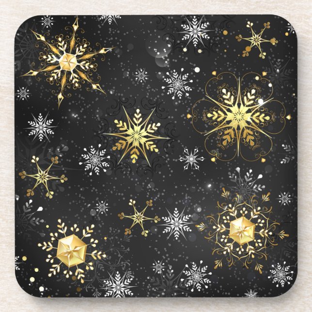 Xmas Golden Snowflakes on Black Background Coaster (Front)