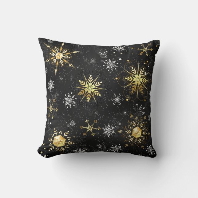Xmas Golden Snowflakes on Black Background Cushion (Front)
