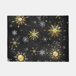 Xmas Golden Snowflakes on Black Background Doormat