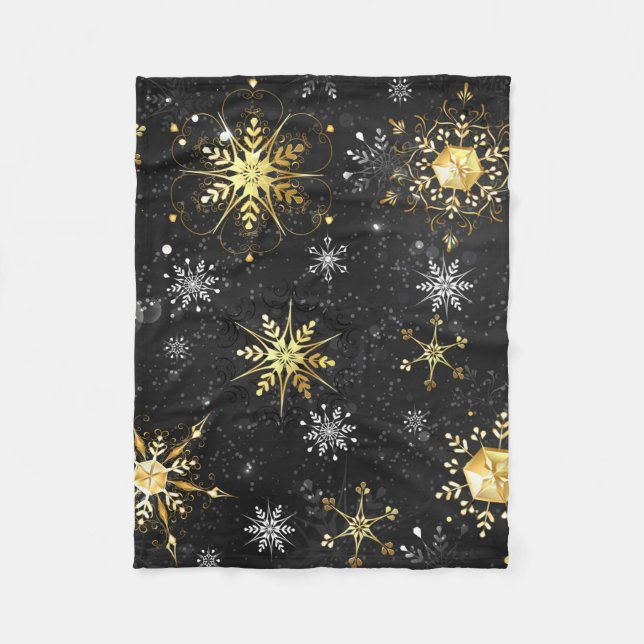 Xmas Golden Snowflakes on Black Background Fleece Blanket (Front)