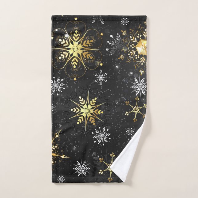 Xmas Golden Snowflakes on Black Background Hand Towel (Hand Towel)