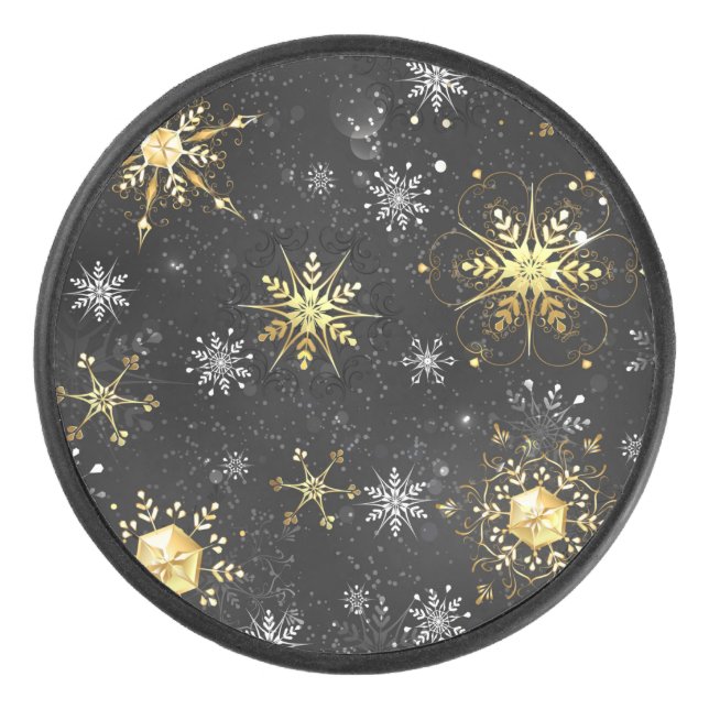 Xmas Golden Snowflakes on Black Background Hockey Puck (Front)