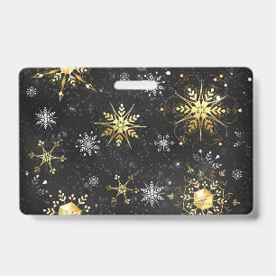 Xmas Golden Snowflakes on Black Background ID Badge