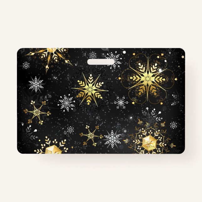Xmas Golden Snowflakes on Black Background ID Badge (Front)