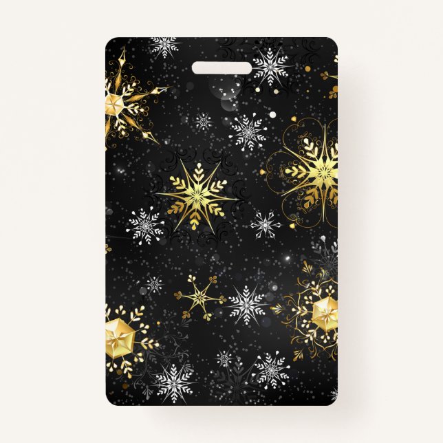Xmas Golden Snowflakes on Black Background ID Badge (Front)