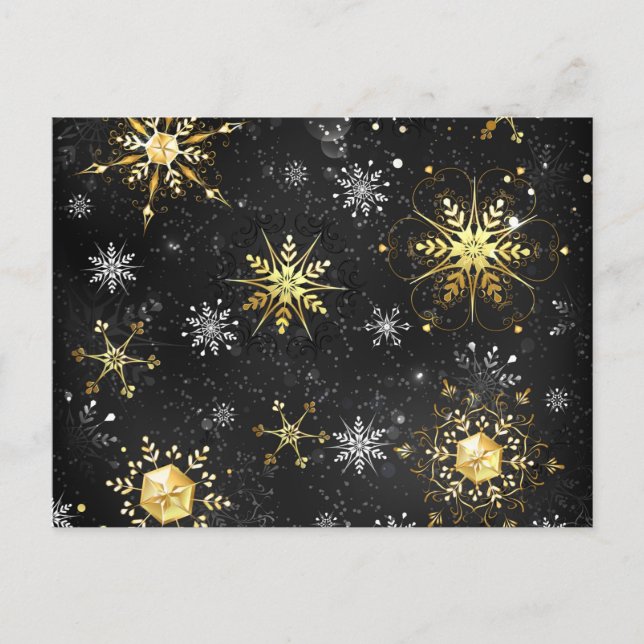 Xmas Golden Snowflakes on Black Background Invitation Postcard (Front)