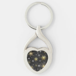 Xmas Golden Snowflakes on Black Background Key Ring