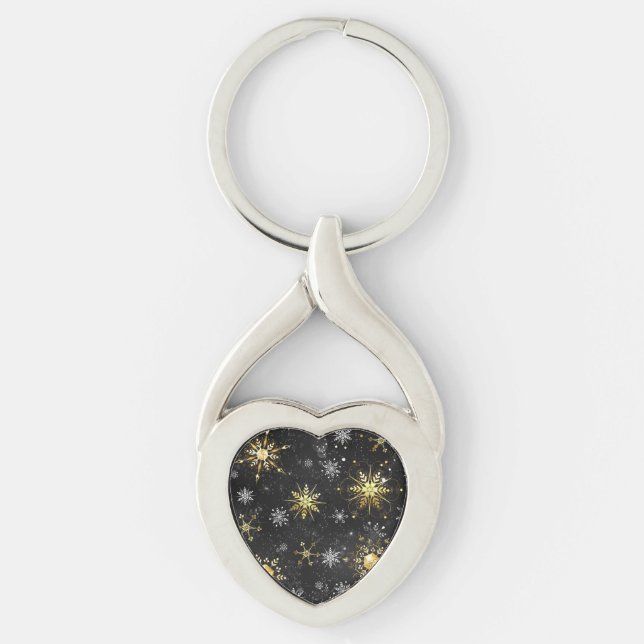 Xmas Golden Snowflakes on Black Background Key Ring (Front)