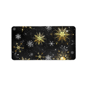 Xmas Golden Snowflakes on Black Background Label