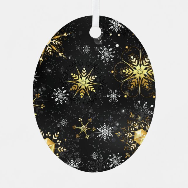 Xmas Golden Snowflakes on Black Background Label Metal Tree Decoration (Front)