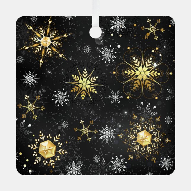 Xmas Golden Snowflakes on Black Background Label Metal Tree Decoration (Front)