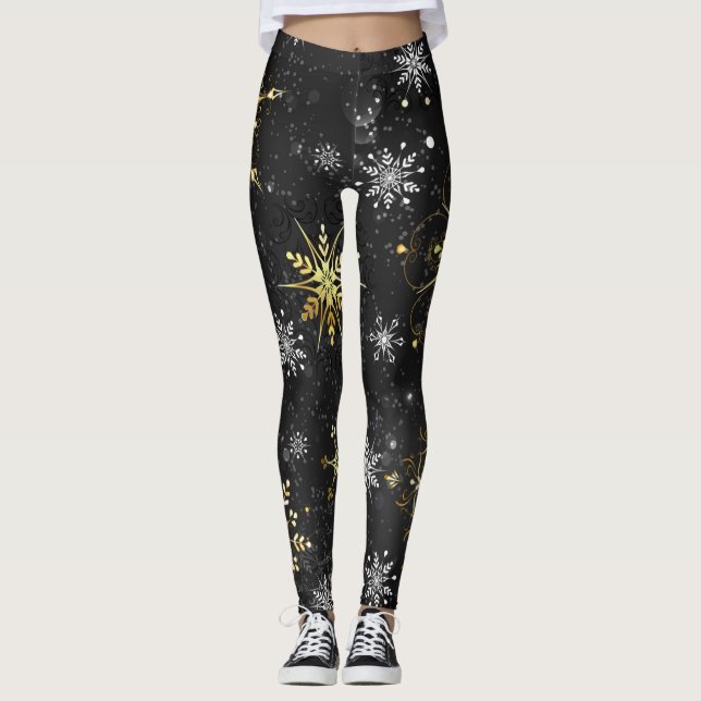 Xmas Golden Snowflakes on Black Background Leggings (Front)