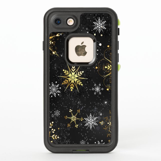 Xmas Golden Snowflakes on Black Background LifeProof iPhone Case (Back)