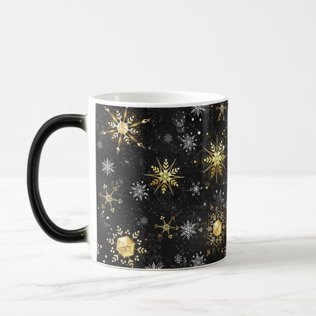 Xmas Golden Snowflakes on Black Background Magic Mug (Left)