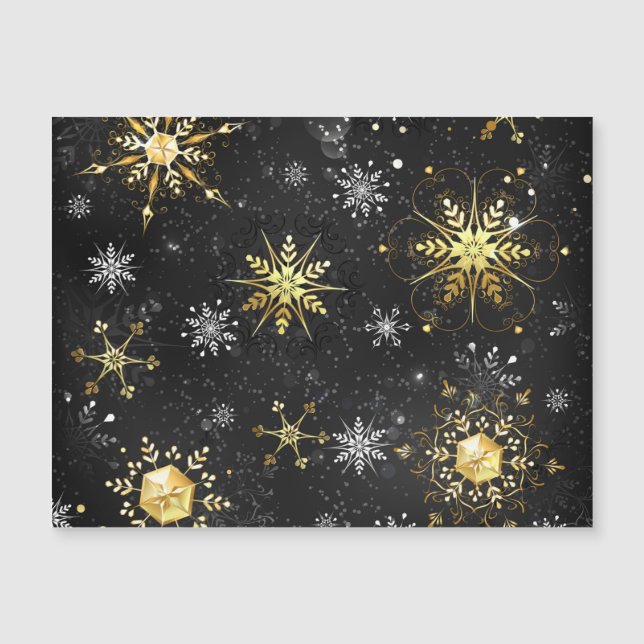 Xmas Golden Snowflakes on Black Background Magnetic Invitation (Front)