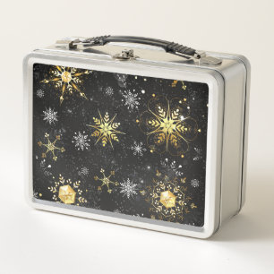 Xmas Golden Snowflakes on Black Background Metal Lunch Box