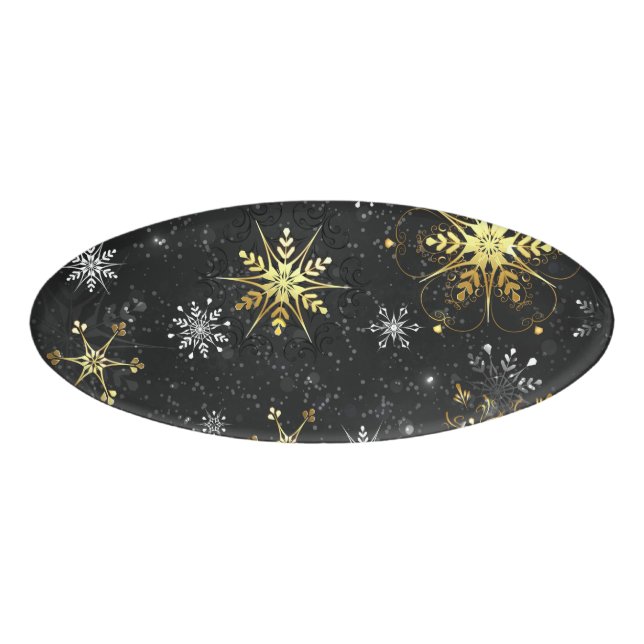 Xmas Golden Snowflakes on Black Background Name Tag (Front)