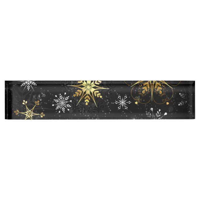 Xmas Golden Snowflakes on Black Background Nameplate (Front)