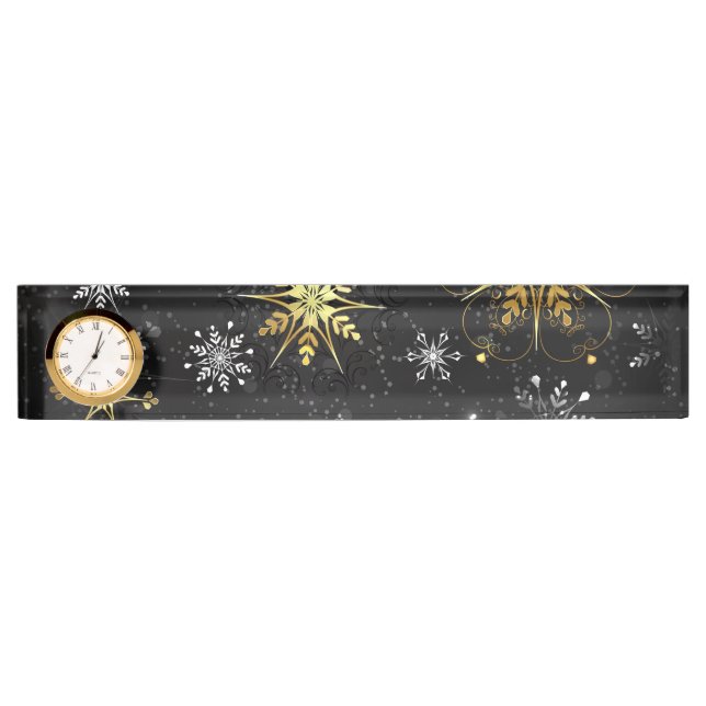 Xmas Golden Snowflakes on Black Background Nameplate (Front)