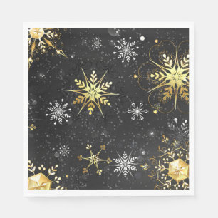 Xmas Golden Snowflakes on Black Background Napkin