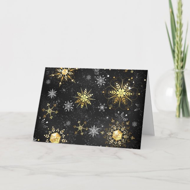 Xmas Golden Snowflakes on Black Background Note Card (Front)