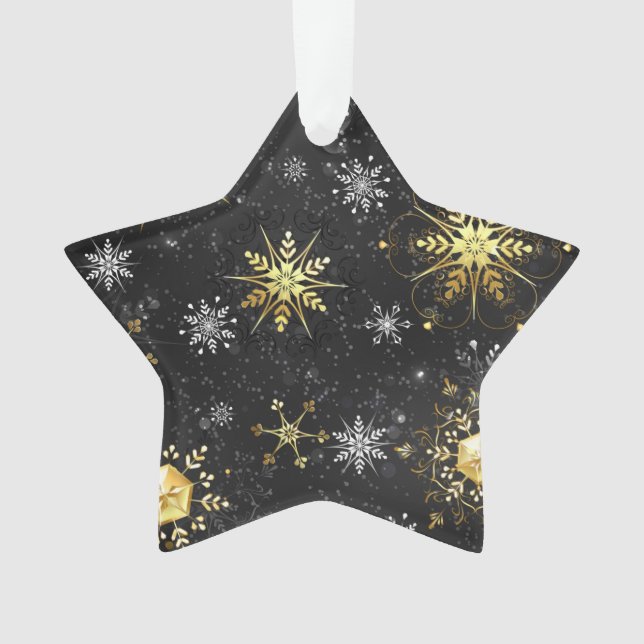 Xmas Golden Snowflakes on Black Background Ornament (Front)