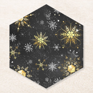 Xmas Golden Snowflakes on Black Background Paper Coaster