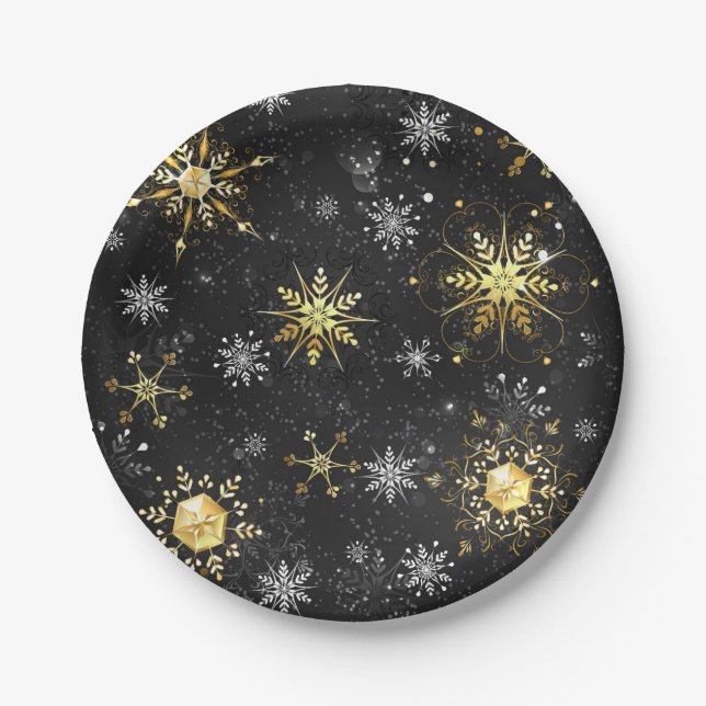 Xmas Golden Snowflakes on Black Background Paper Plate (Front)