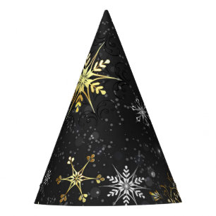 Xmas Golden Snowflakes on Black Background Party Hat