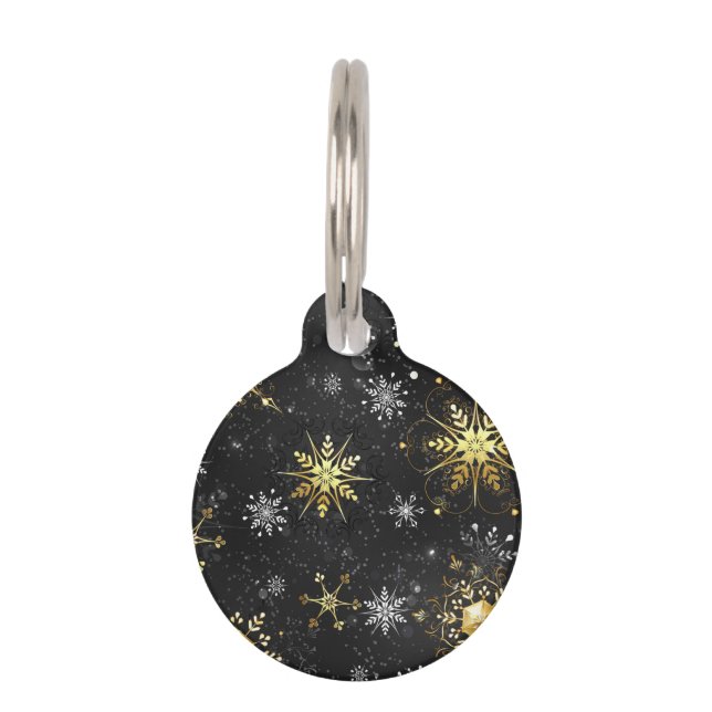 Xmas Golden Snowflakes on Black Background Pet Tag (Front)