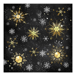 Xmas Golden Snowflakes on Black Background Photo Print