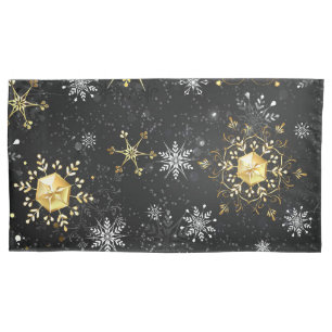 Xmas Golden Snowflakes on Black Background Pillowcase