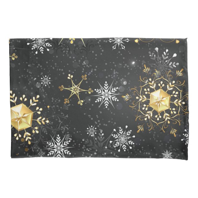Xmas Golden Snowflakes on Black Background Pillowcase (Front)
