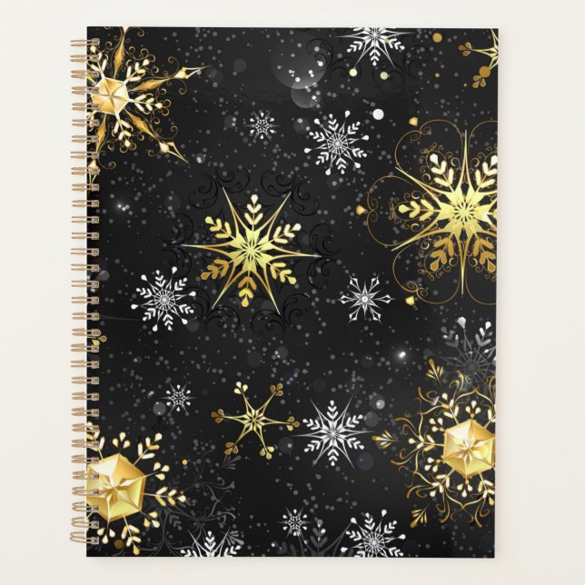 Xmas Golden Snowflakes on Black Background Planner (Front)