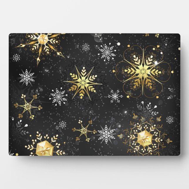 Xmas Golden Snowflakes on Black Background Plaque (Front)