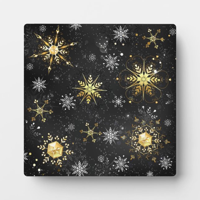 Xmas Golden Snowflakes on Black Background Plaque (Front)