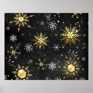 Xmas Golden Snowflakes on Black Background Poster